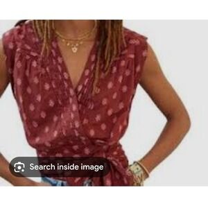 Anthropologie‎ Wrap Blouse Sleeveless Tie Waist Maroon Pink Diamond Pattern